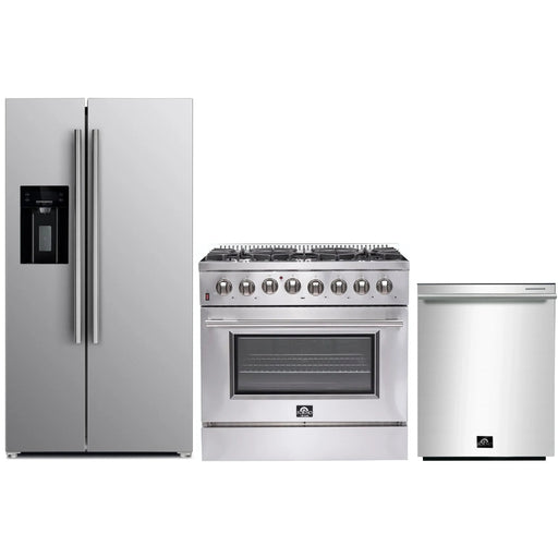 Forno 3-Piece Appliance Package - 36-Inch Dual Fuel Range, Refrigerator with Water Dispenser, & Dishwasher in Stainless Steel FORNO