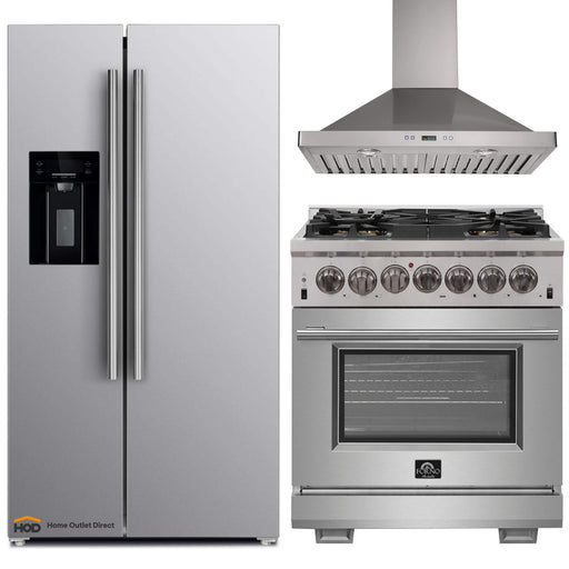 Forno 3-Piece Pro Appliance Package - 30-Inch Dual Fuel Range, Refrigerator with Water Dispenser, & Wall Mount Hood in Stainless Steel FORNO