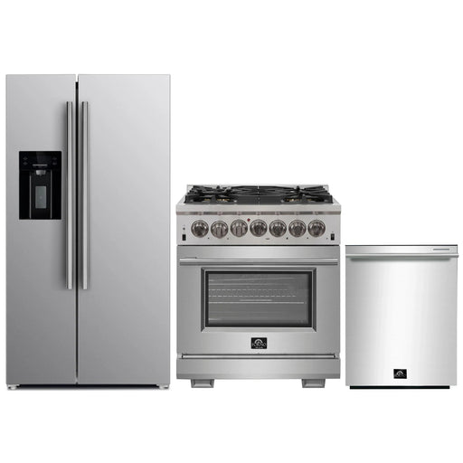 Forno 3-Piece Pro Appliance Package - 30-Inch Dual Fuel Range, Refrigerator with Water Dispenser, & Dishwasher in Stainless Steel FORNO