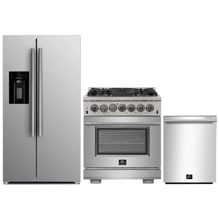 Forno 3-Piece Pro Appliance Package - 30-Inch Dual Fuel Range, Refrigerator with Water Dispenser, & Dishwasher in Stainless Steel FORNO