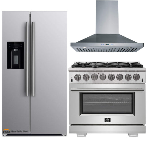 Forno 3-Piece Pro Appliance Package - 36-Inch Dual Fuel Range, Refrigerator with Water Dispenser, & Wall Mount Hood in Stainless Steel FORNO