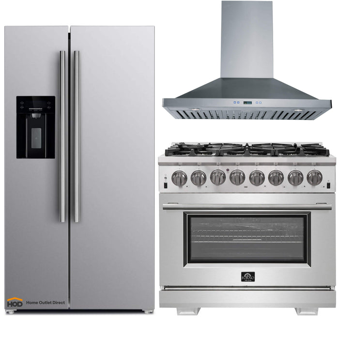 Forno 3-Piece Pro Appliance Package - 36-Inch Dual Fuel Range, Refrigerator with Water Dispenser, & Wall Mount Hood in Stainless Steel FORNO