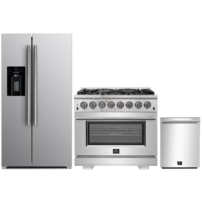 Forno 3-Piece Pro Appliance Package - 36-Inch Dual Fuel Range, Refrigerator with Water Dispenser, & Dishwasher in Stainless Steel FORNO
