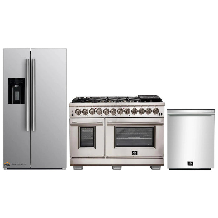 Forno 3-Piece Pro Appliance Package - 48-Inch Dual Fuel Range, Refrigerator with Water Dispenser, & Dishwasher in Stainless Steel FORNO