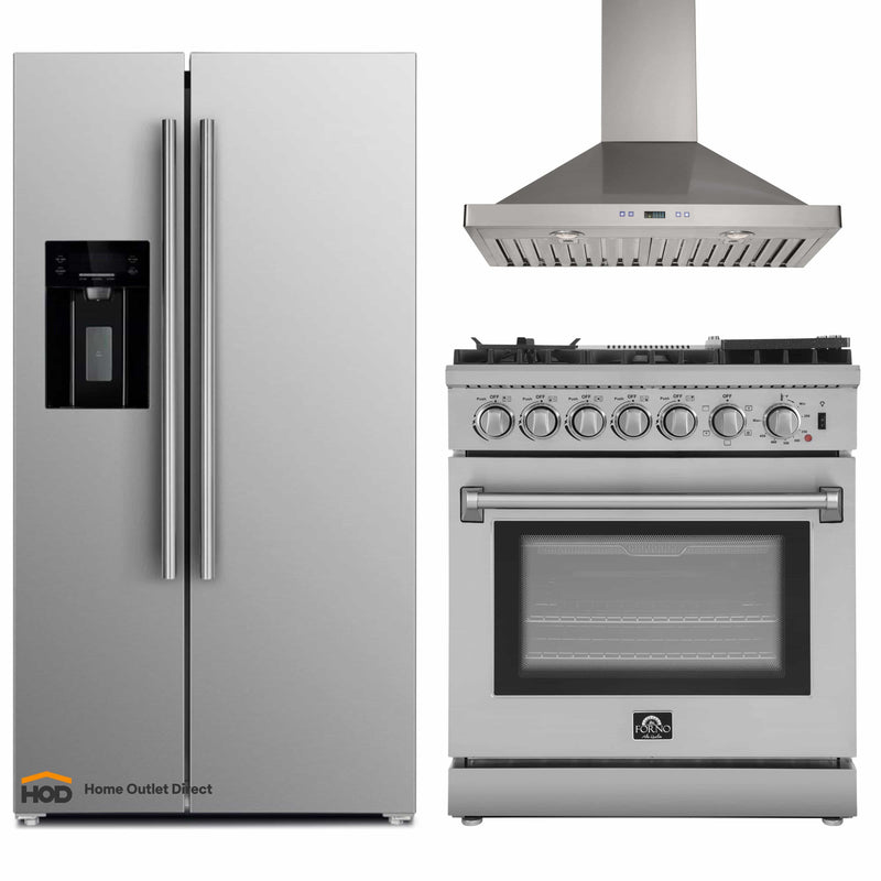 Forno 3-Piece Appliance Package - 30-Inch Dual Fuel Range with Air Fryer, Refrigerator with Water Dispenser,& Wall Mount Hood in Stainless Steel