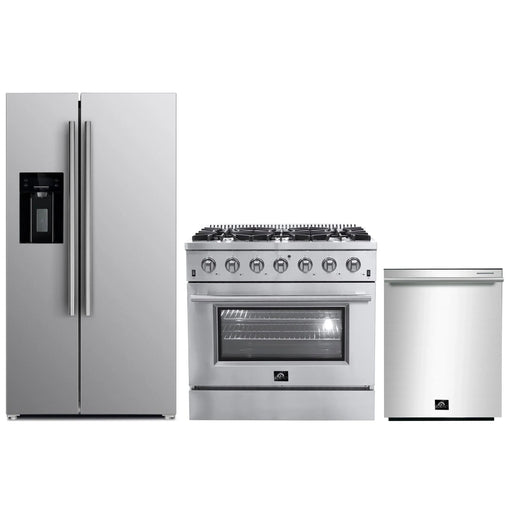Forno 3-Piece Appliance Package - 36-Inch Gas Range, Refrigerator with Water Dispenser, & Dishwasher in Stainless Steel FORNO