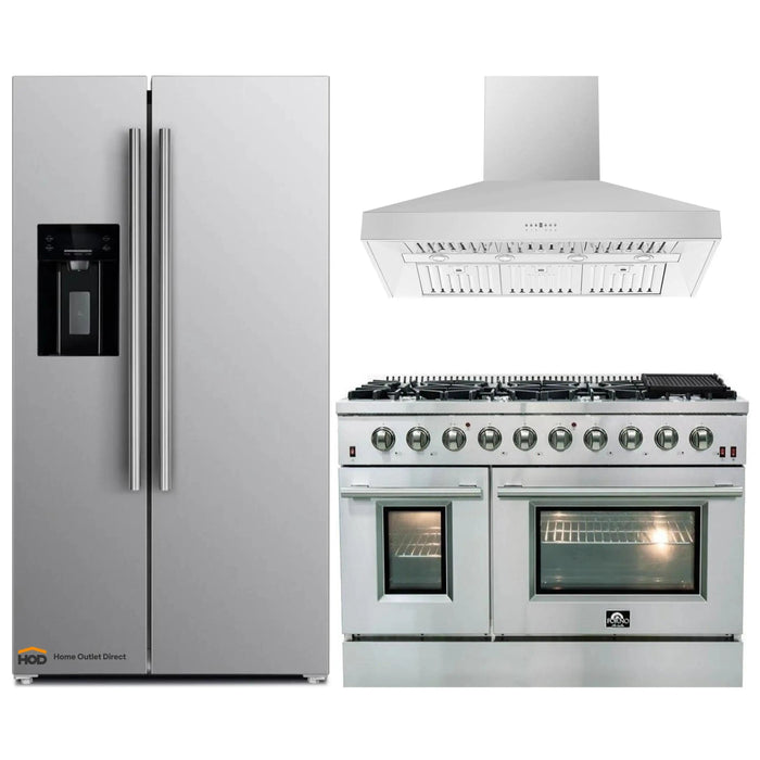 Forno 3-Piece Appliance Package - 48-Inch Gas Range, Refrigerator with Water Dispenser, & Wall Mount Hood in Stainless Steel FORNO