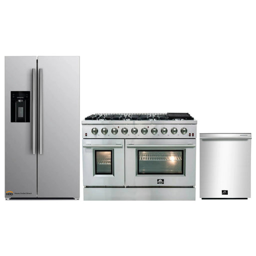 Forno 3-Piece Appliance Package - 48-Inch Gas Range, Refrigerator with Water Dispenser, & Dishwasher in Stainless Steel FORNO