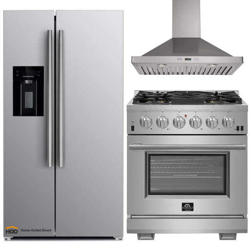 Forno 3-Piece Pro Appliance Package - 30-Inch Gas Range, Refrigerator with Water Dispenser, & Wall Mount Hood in Stainless Steel FORNO