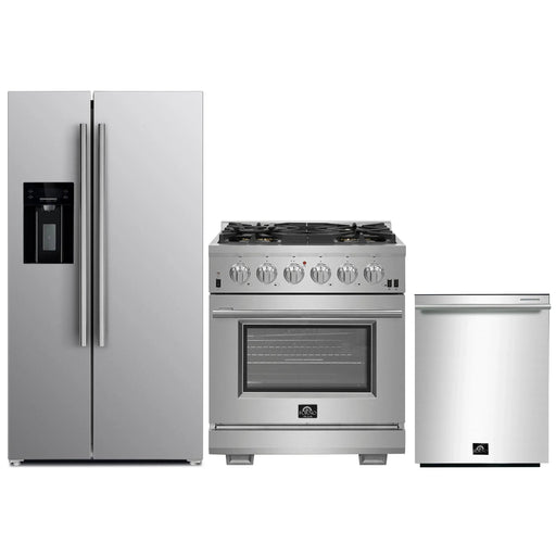 Forno 3-Piece Pro Appliance Package - 30-Inch Gas Range, Refrigerator with Water Dispenser, & Dishwasher in Stainless Steel FORNO