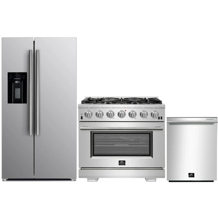 Forno 3-Piece Pro Appliance Package - 36-Inch Gas Range, Refrigerator with Water Dispenser, & Dishwasher in Stainless Steel FORNO