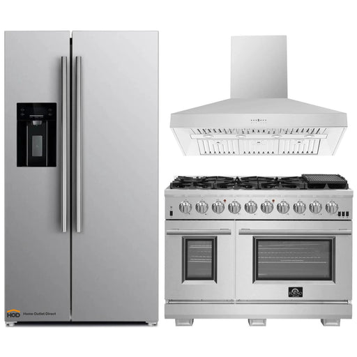 Forno 3-Piece Pro Appliance Package - 48-Inch Gas Range, Refrigerator with Water Dispenser, & Wall Mount Hood in Stainless Steel FORNO