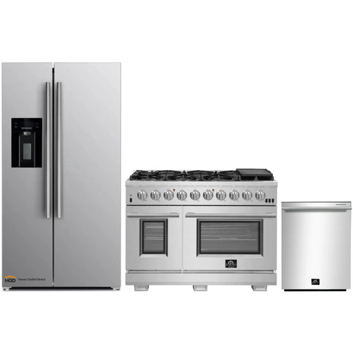 Forno 3-Piece Pro Appliance Package - 48-Inch Gas Range, Refrigerator with Water Dispenser, & Dishwasher in Stainless Steel FORNO