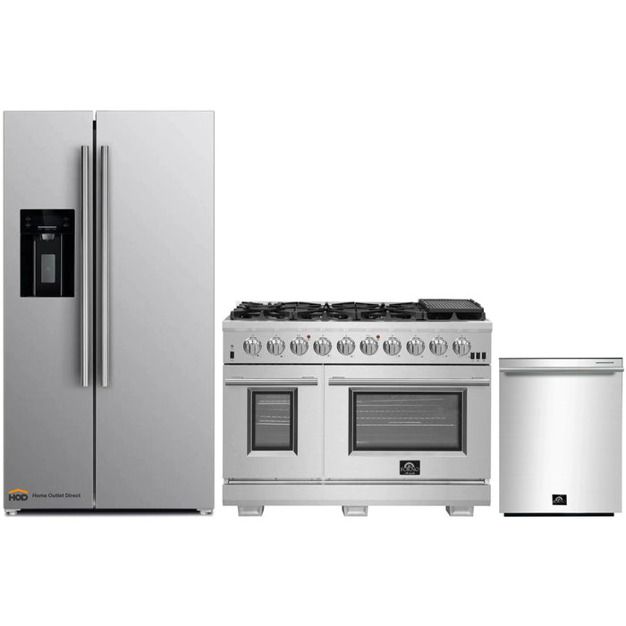 Forno 3-Piece Pro Appliance Package - 48-Inch Gas Range, Refrigerator with Water Dispenser, & Dishwasher in Stainless Steel FORNO
