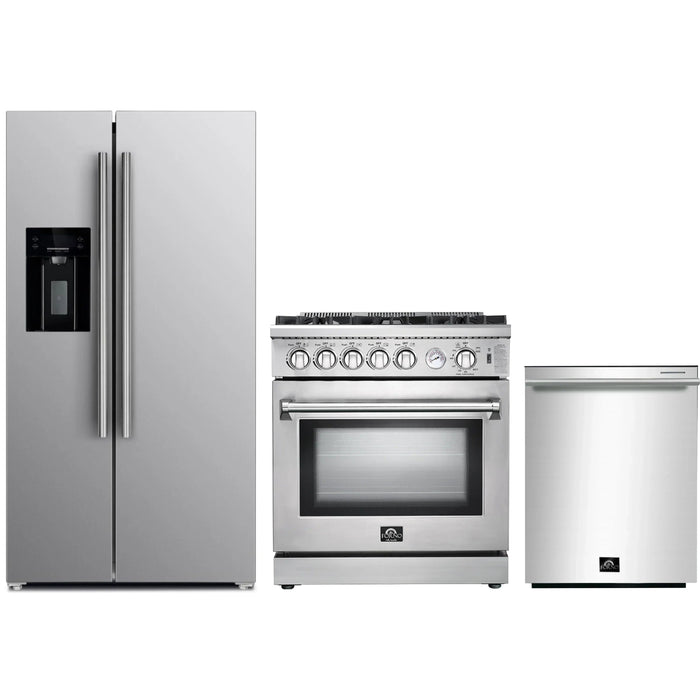 Forno 3-Piece Appliance Package - 30-Inch Gas Range, Refrigerator with Water Dispenser,& Dishwasher in Stainless Steel FORNO