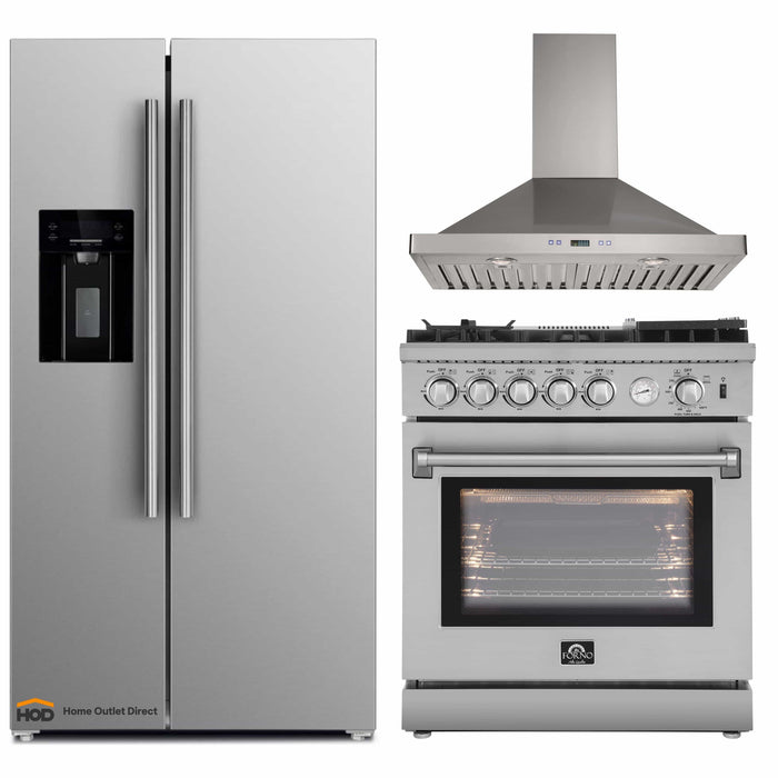 Forno 3-Piece Appliance Package - 30-Inch Gas Range with Air Fryer, Refrigerator with Water Dispenser,& Wall Mount Hood in Stainless Steel FORNO
