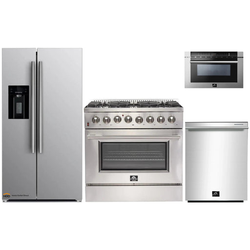 Forno 4-Piece Appliance Package - 36-Inch Dual Fuel Range, Refrigerator with Water Dispenser, Microwave Drawer, & 3-Rack Dishwasher in Stainless Steel FORNO