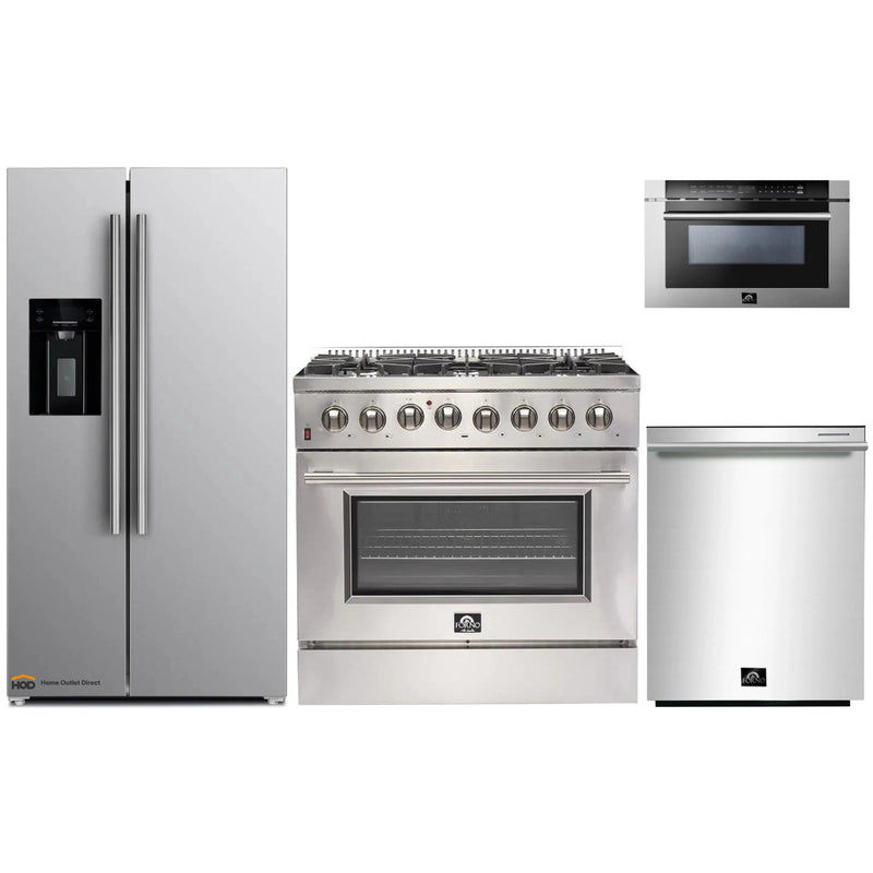 Forno 4-Piece Appliance Package - 36-Inch Dual Fuel Range, Refrigerator with Water Dispenser, Microwave Drawer, & 3-Rack Dishwasher in Stainless Steel