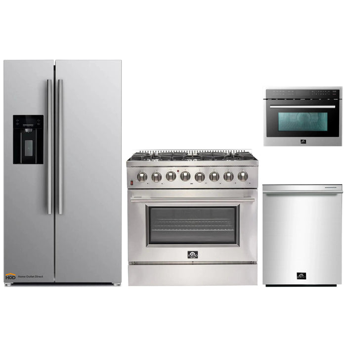 Forno 4-Piece Appliance Package - 36-Inch Dual Fuel Range, Refrigerator with Water Dispenser, Microwave Oven, & 3-Rack Dishwasher in Stainless Steel FORNO