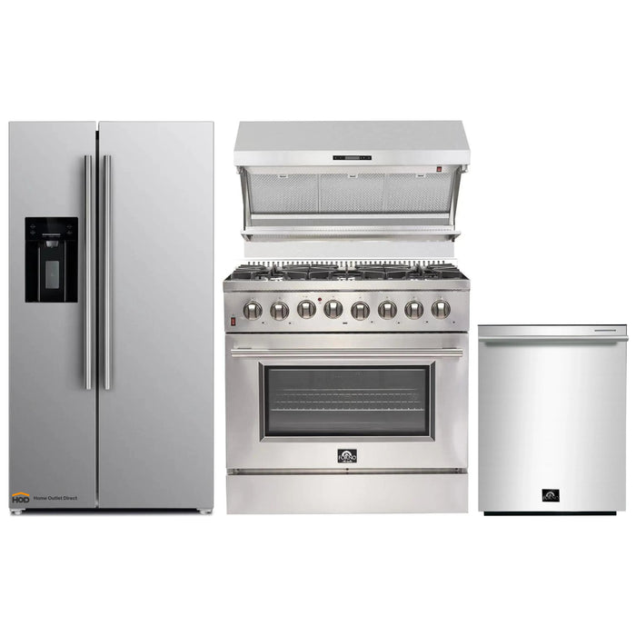 Forno 4-Piece Appliance Package - 36-Inch Dual Fuel Range, Refrigerator with Water Dispenser, Wall Mount Hood with Backsplash, & 3-Rack Dishwasher in Stainless Steel FORNO