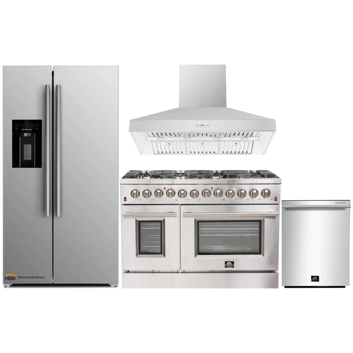Forno 4-Piece Appliance Package - 48-Inch Dual Fuel Range, Refrigerator with Water Dispenser, Wall Mount Hood, & 3-Rack Dishwasher in Stainless Steel FORNO