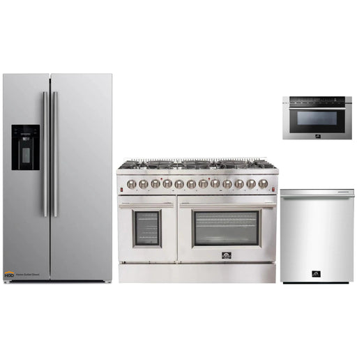 Forno 4-Piece Appliance Package - 48-Inch Dual Fuel Range, Refrigerator with Water Dispenser, Microwave Drawer, & 3-Rack Dishwasher in Stainless Steel FORNO