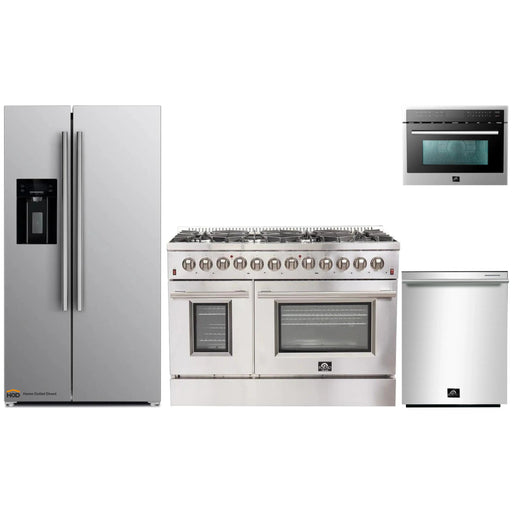 Forno 4-Piece Appliance Package - 48-Inch Dual Fuel Range, Refrigerator with Water Dispenser, Microwave Oven, & 3-Rack Dishwasher in Stainless Steel FORNO