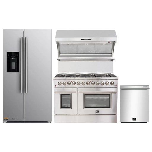 Forno 4-Piece Appliance Package - 48-Inch Dual Fuel Range, Refrigerator with Water Dispenser, Wall Mount Hood with Backsplash, & 3-Rack Dishwasher in Stainless Steel FORNO