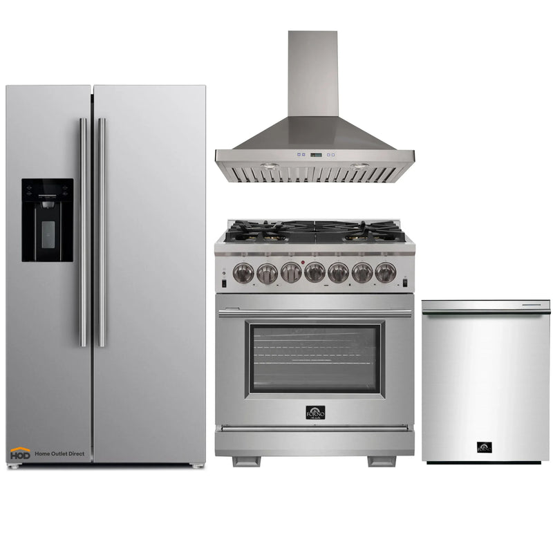 Forno 4-Piece Pro Appliance Package - 30-Inch Dual Fuel Range, Refrigerator with Water Dispenser, Wall Mount Hood, & 3-Rack Dishwasher in Stainless Steel