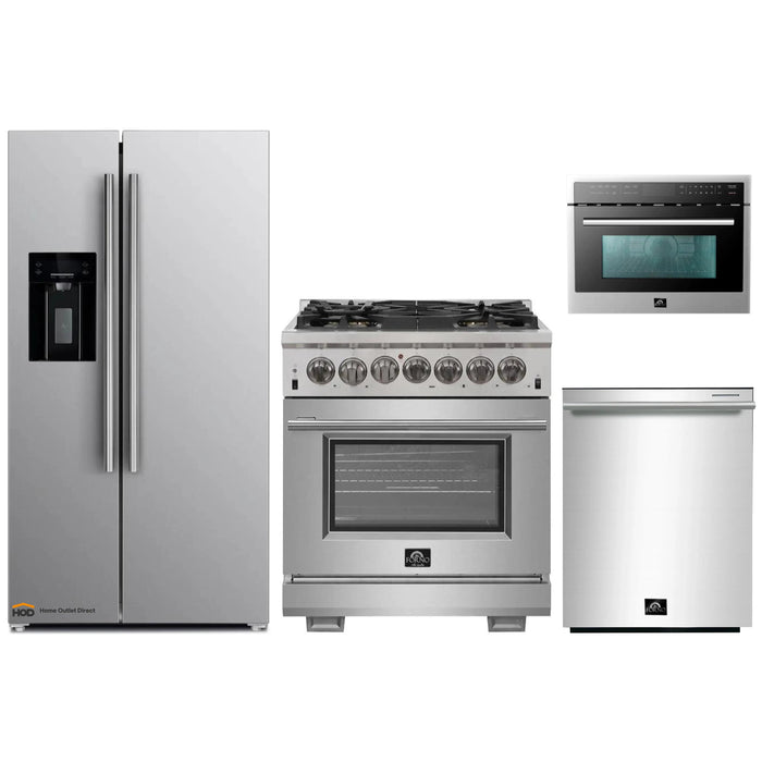 Forno 4-Piece Pro Appliance Package - 30-Inch Dual Fuel Range, Refrigerator with Water Dispenser, Microwave Oven, & 3-Rack Dishwasher in Stainless Steel FORNO