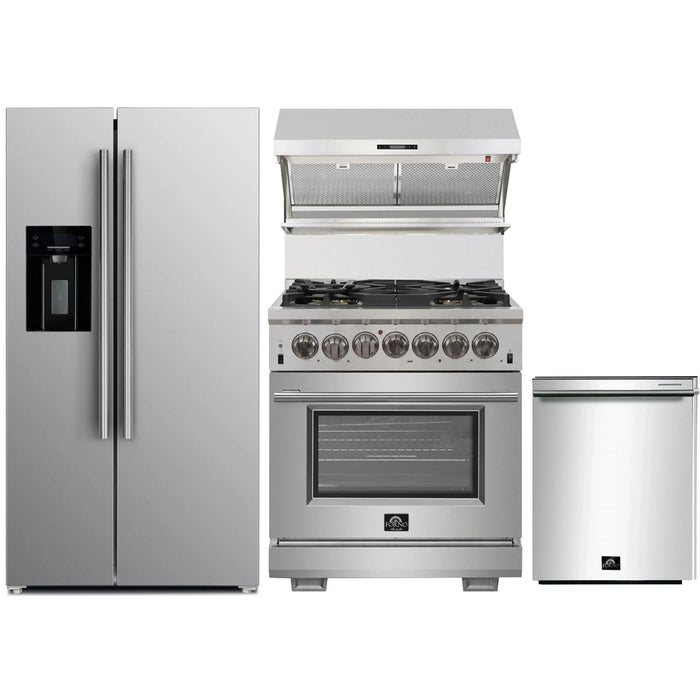 Forno 4-Piece Pro Appliance Package - 30-Inch Dual Fuel Range, Refrigerator with Water Dispenser, Wall Mount Hood with Backsplash, & 3-Rack Dishwasher in Stainless Steel FORNO