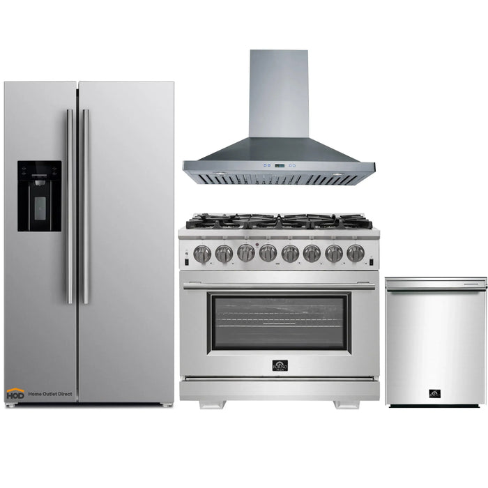 Forno 4-Piece Pro Appliance Package - 36-Inch Dual Fuel Range, Refrigerator with Water Dispenser, Wall Mount Hood, & 3-Rack Dishwasher in Stainless Steel FORNO