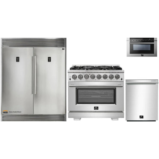 Forno 4-Piece Pro Appliance Package - 36-Inch Dual Fuel Range, Refrigerator with Water Dispenser, Microwave Drawer, & 3-Rack Dishwasher in Stainless Steel FORNO