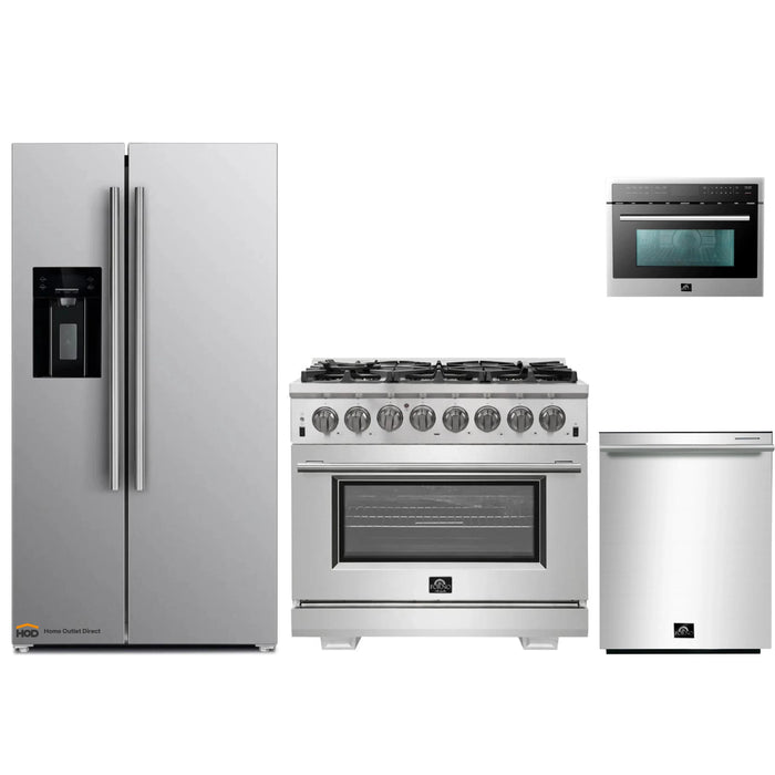 Forno 4-Piece Pro Appliance Package - 36-Inch Dual Fuel Range, Refrigerator with Water Dispenser, Microwave Oven, & 3-Rack Dishwasher in Stainless Steel FORNO