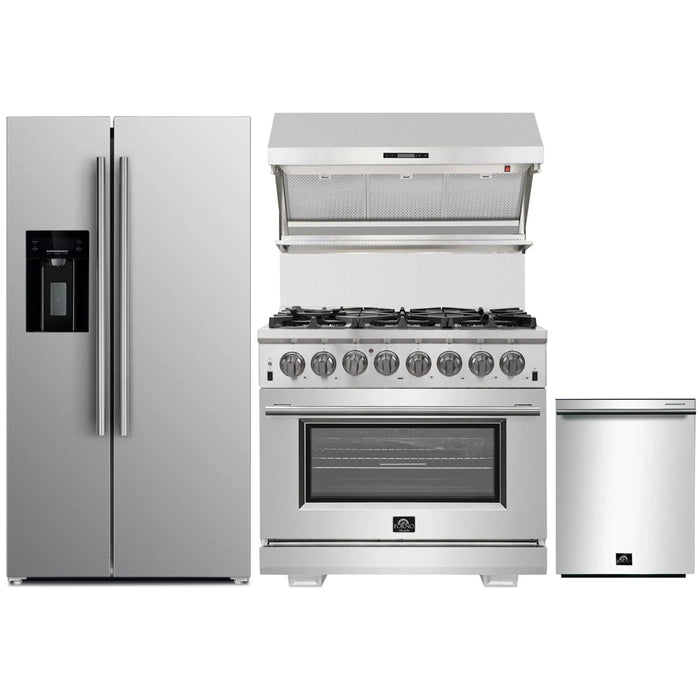 Forno 4-Piece Pro Appliance Package - 36-Inch Dual Fuel Range, Refrigerator with Water Dispenser, Wall Mount Hood with Backsplash, & 3-Rack Dishwasher in Stainless Steel FORNO