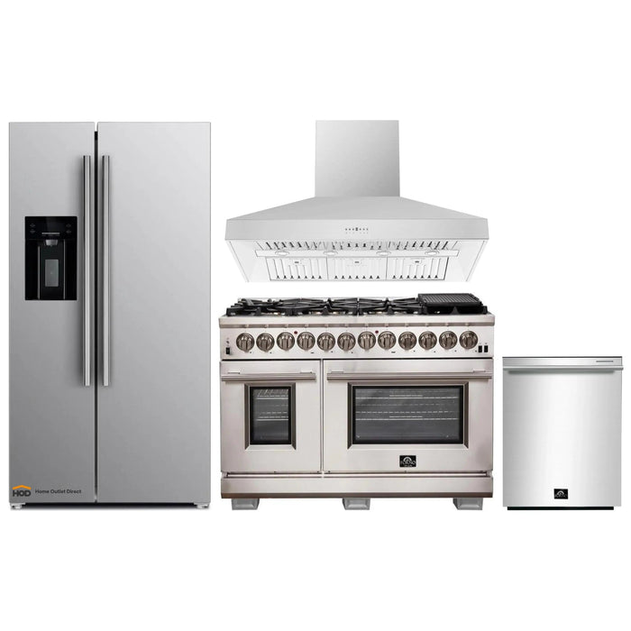 Forno 4-Piece Pro Appliance Package - 48-Inch Dual Fuel Range, Refrigerator with Water Dispenser, Wall Mount Hood, & 3-Rack Dishwasher in Stainless Steel FORNO