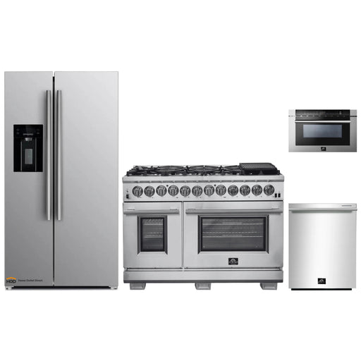 Forno 4-Piece Pro Appliance Package - 48-Inch Dual Fuel Range, Refrigerator with Water Dispenser, Microwave Drawer, & 3-Rack Dishwasher in Stainless Steel FORNO