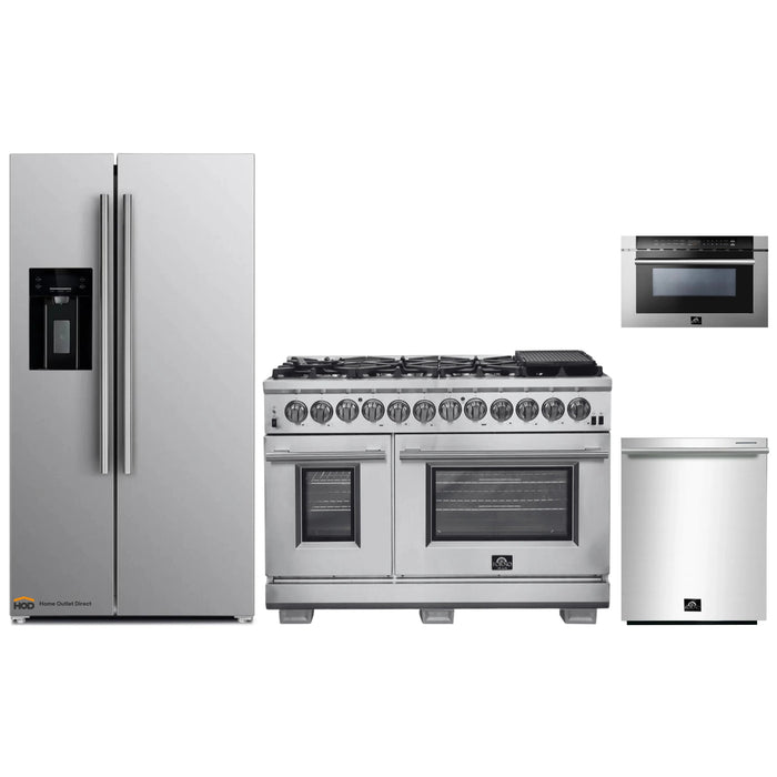 Forno 4-Piece Pro Appliance Package - 48-Inch Dual Fuel Range, Refrigerator with Water Dispenser, Microwave Drawer, & 3-Rack Dishwasher in Stainless Steel FORNO