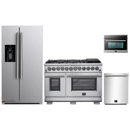 Forno 4-Piece Pro Appliance Package - 48-Inch Dual Fuel Range, Refrigerator with Water Dispenser, Microwave Oven, & 3-Rack Dishwasher in Stainless Steel FORNO