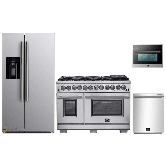 Forno 4-Piece Pro Appliance Package - 48-Inch Dual Fuel Range, Refrigerator with Water Dispenser, Microwave Oven, & 3-Rack Dishwasher in Stainless Steel FORNO