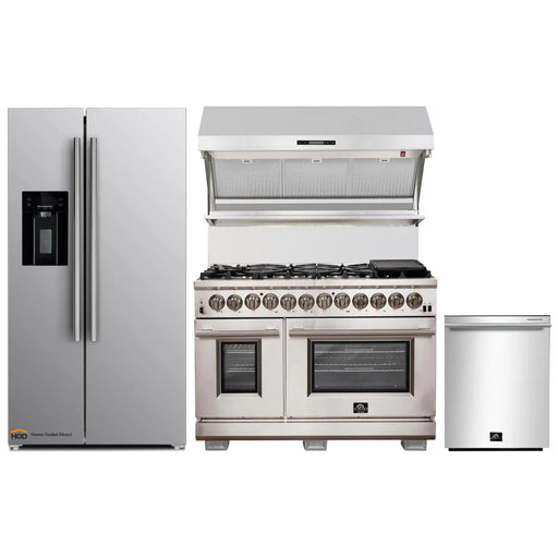 Forno 4-Piece Pro Appliance Package - 48-Inch Dual Fuel Range, Refrigerator with Water Dispenser, Wall Mount Hood with Backsplash, & 3-Rack Dishwasher in Stainless Steel FORNO