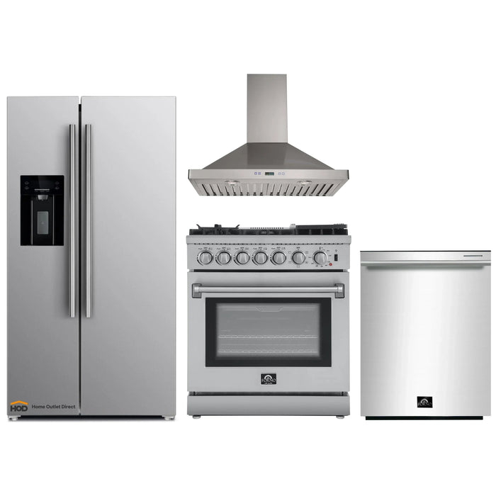 Forno 4-Piece Appliance Package - 30-Inch Dual Fuel Range with Air Fryer, Refrigerator with Water Dispenser, Wall Mount Hood, & 3-Rack Dishwasher in Stainless Steel FORNO