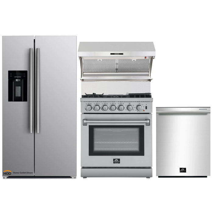 Forno 4-Piece Appliance Package - 30-Inch Dual Fuel Range with Air Fryer, Refrigerator with Water Dispenser, Wall Mount Hood with Backsplash, & 3-Rack Dishwasher in Stainless Steel FORNO