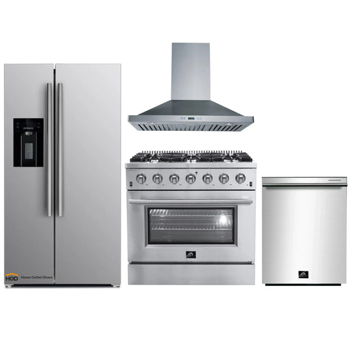 Forno 4-Piece Appliance Package - 36-Inch Gas Range, Refrigerator with Water Dispenser, Wall Mount Hood, & 3-Rack Dishwasher in Stainless Steel FORNO