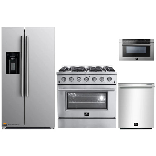 Forno 4-Piece Appliance Package - 36-Inch Gas Range, Refrigerator with Water Dispenser, Microwave Drawer, & 3-Rack Dishwasher in Stainless Steel FORNO