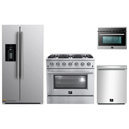 Forno 4-Piece Appliance Package - 36-Inch Gas Range, Refrigerator with Water Dispenser, Microwave Oven, & 3-Rack Dishwasher in Stainless Steel FORNO