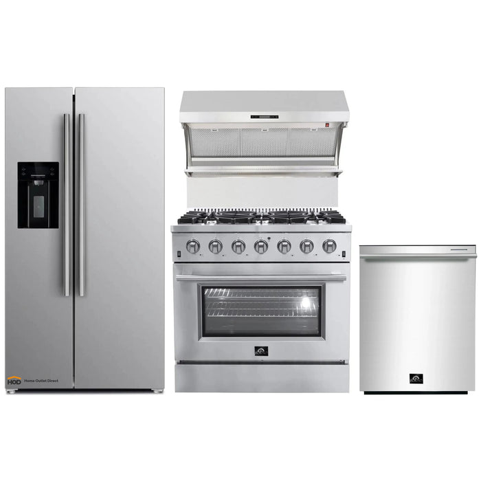 Forno 4-Piece Appliance Package - 36-Inch Gas Range, Refrigerator with Water Dispenser, Wall Mount Hood with Backsplash, & 3-Rack Dishwasher in Stainless Steel FORNO