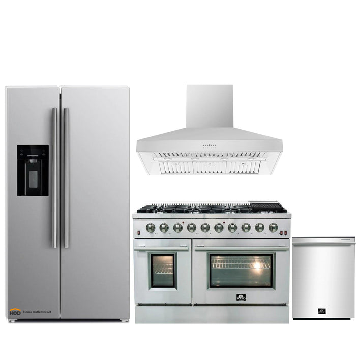 Forno 4-Piece Appliance Package - 48-Inch Gas Range, Refrigerator with Water Dispenser, Wall Mount Hood, & 3-Rack Dishwasher in Stainless Steel FORNO