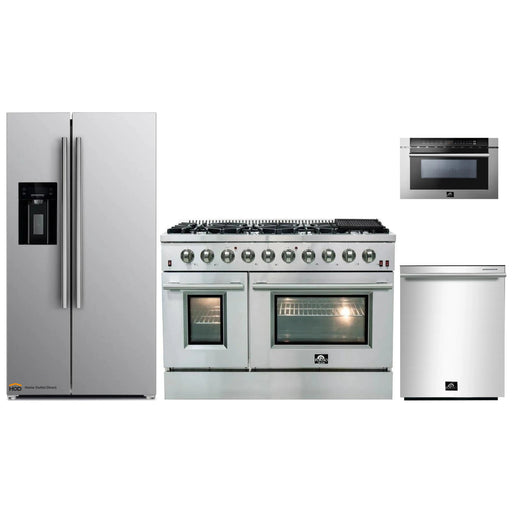 Forno 4-Piece Appliance Package - 48-Inch Gas Range, Refrigerator with Water Dispenser, Microwave Drawer, & 3-Rack Dishwasher in Stainless Steel FORNO