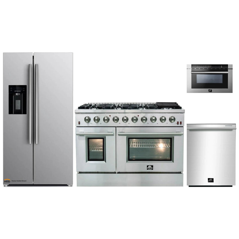 Forno 4-Piece Appliance Package - 48-Inch Gas Range, Refrigerator with Water Dispenser, Microwave Drawer, & 3-Rack Dishwasher in Stainless Steel